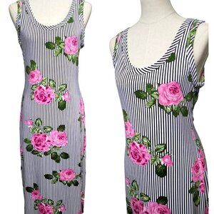 1104) Ultra Flirt Pink Roses Stripe  Maxi Dress Size XL (Runs Smaller)👗